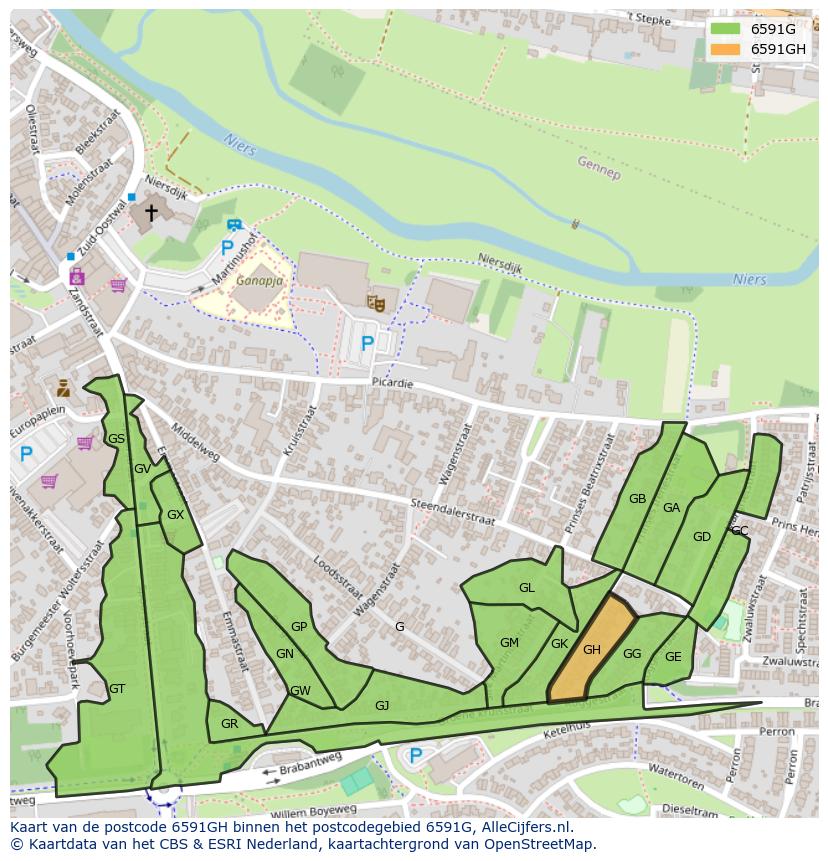 Afbeelding van het postcodegebied 6591 GH op de kaart.