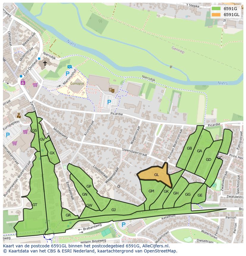 Afbeelding van het postcodegebied 6591 GL op de kaart.