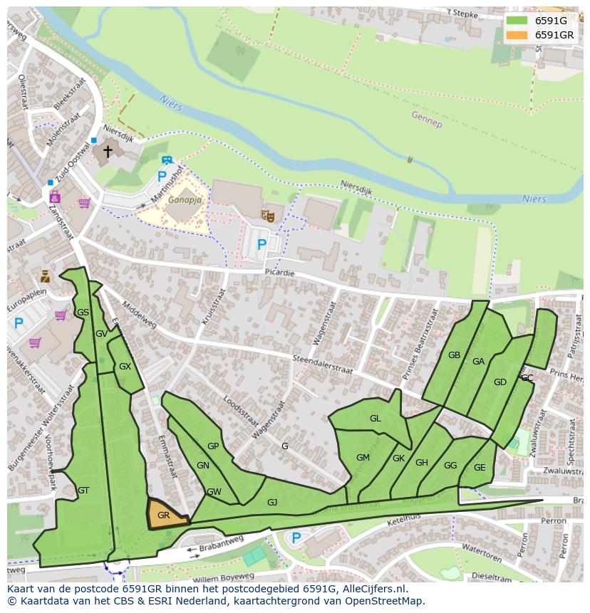 Afbeelding van het postcodegebied 6591 GR op de kaart.
