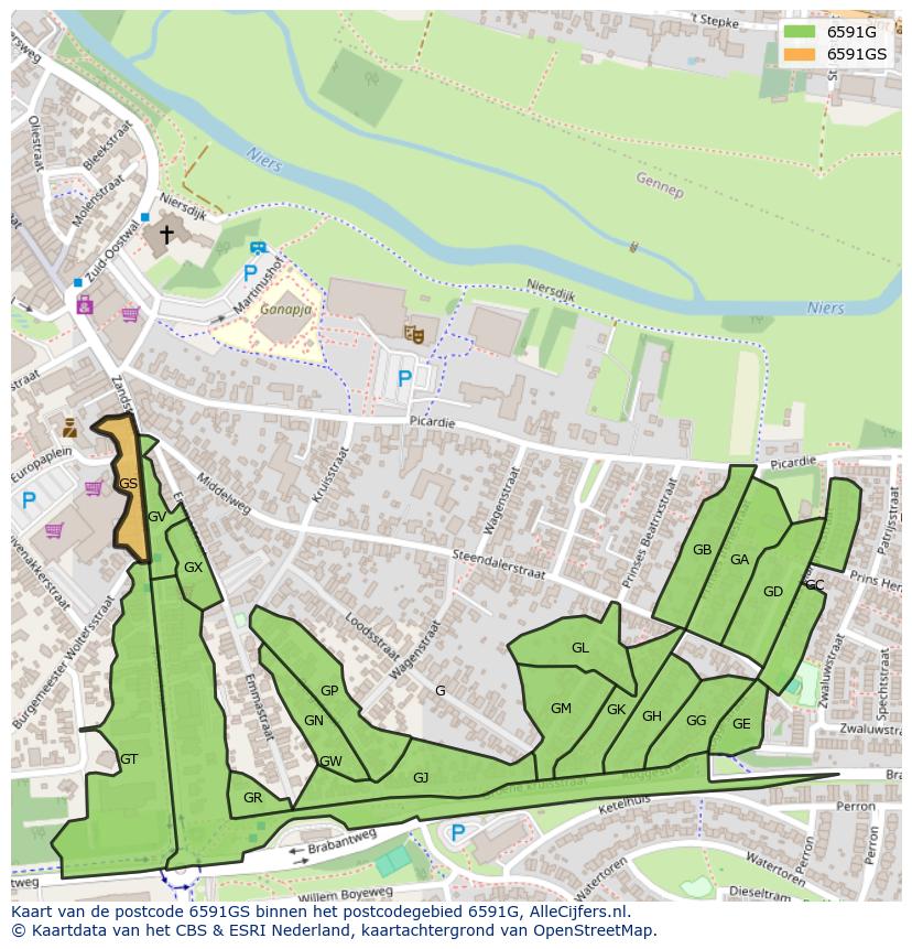 Afbeelding van het postcodegebied 6591 GS op de kaart.