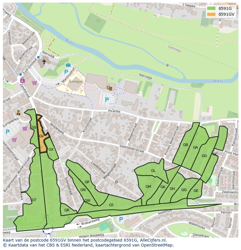 Afbeelding van het postcodegebied 6591 GV op de kaart.