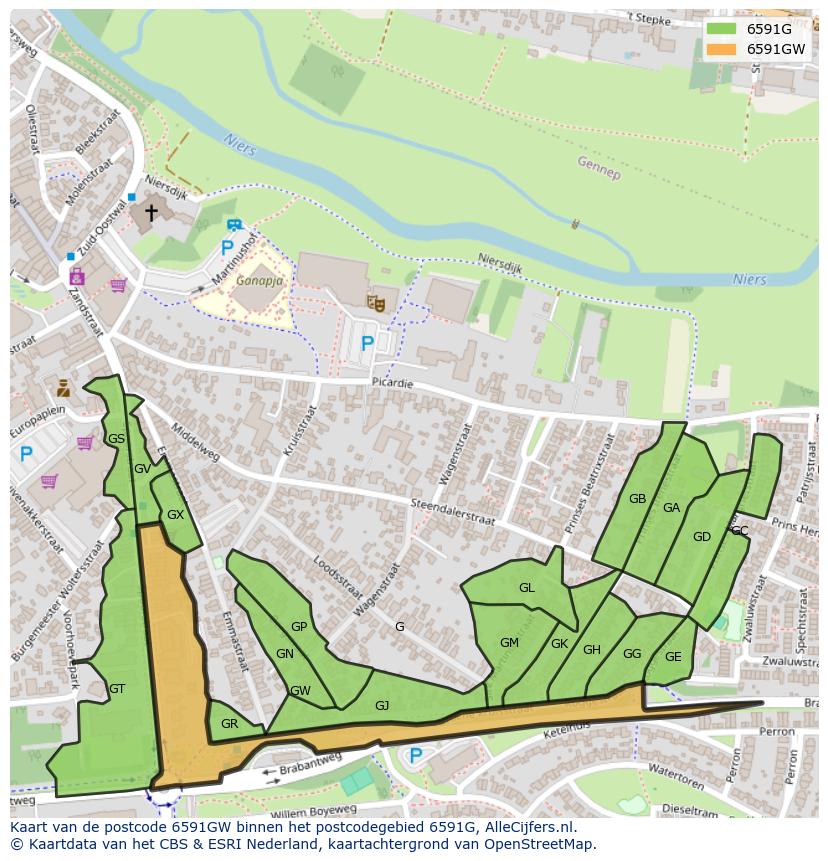 Afbeelding van het postcodegebied 6591 GW op de kaart.