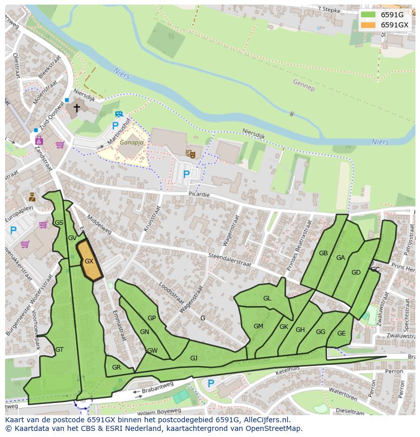 Afbeelding van het postcodegebied 6591 GX op de kaart.