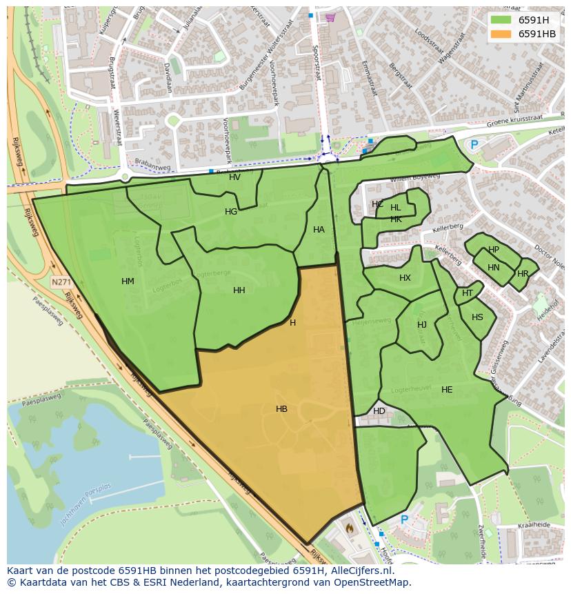 Afbeelding van het postcodegebied 6591 HB op de kaart.