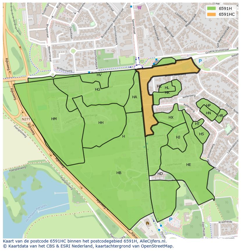 Afbeelding van het postcodegebied 6591 HC op de kaart.