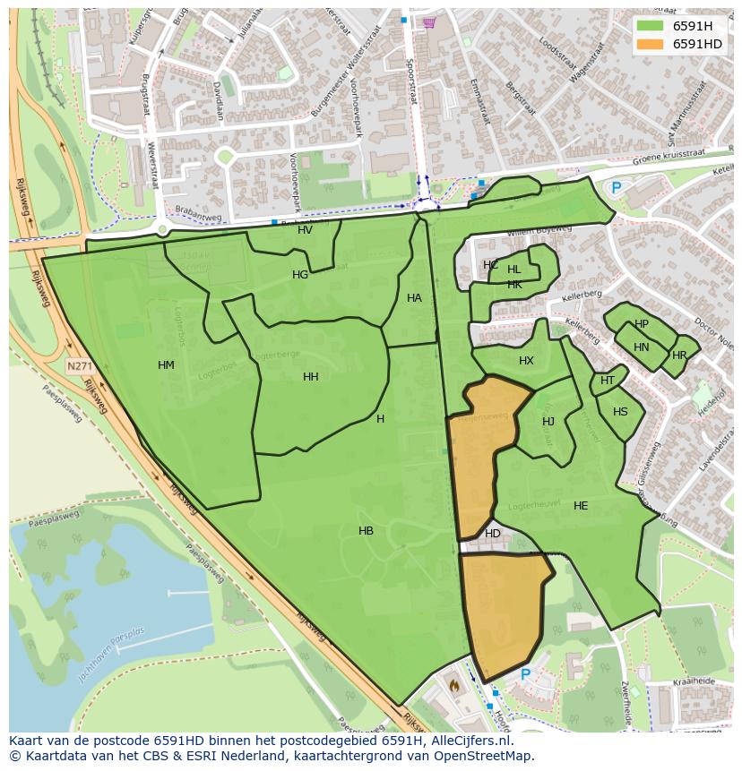 Afbeelding van het postcodegebied 6591 HD op de kaart.