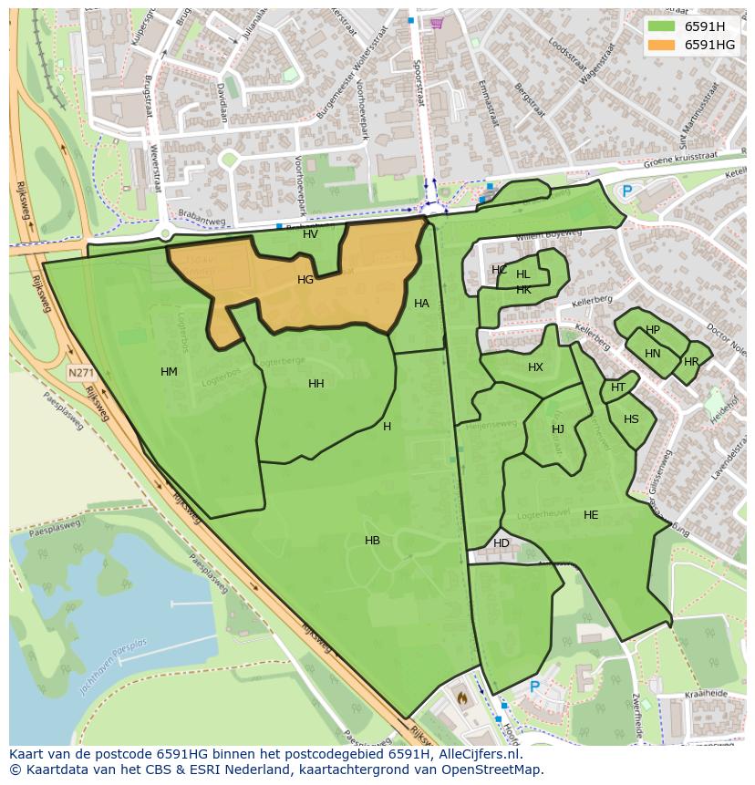 Afbeelding van het postcodegebied 6591 HG op de kaart.