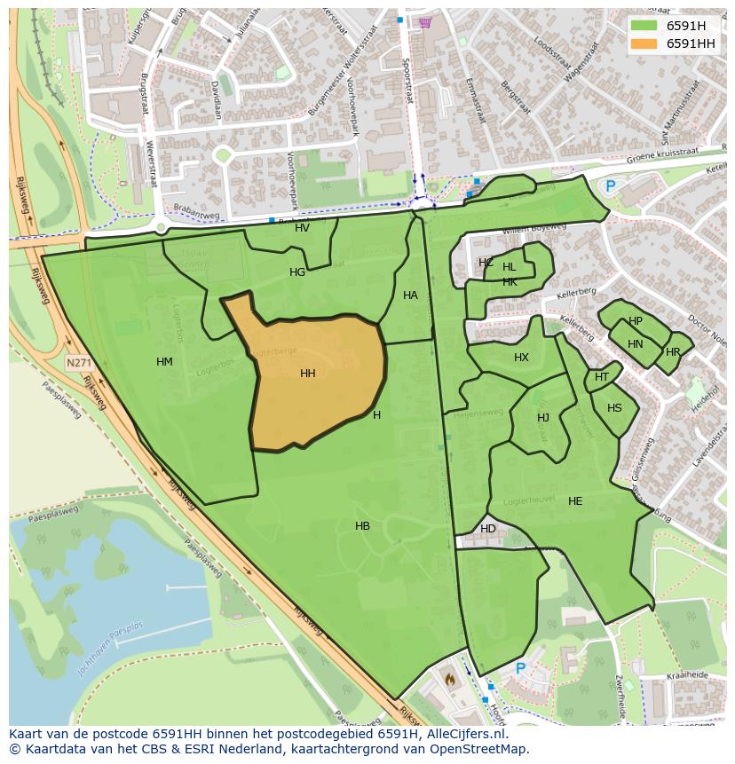 Afbeelding van het postcodegebied 6591 HH op de kaart.
