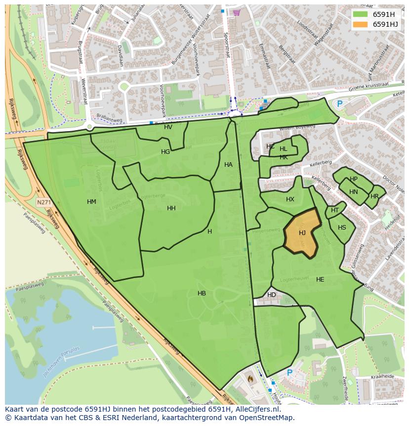 Afbeelding van het postcodegebied 6591 HJ op de kaart.