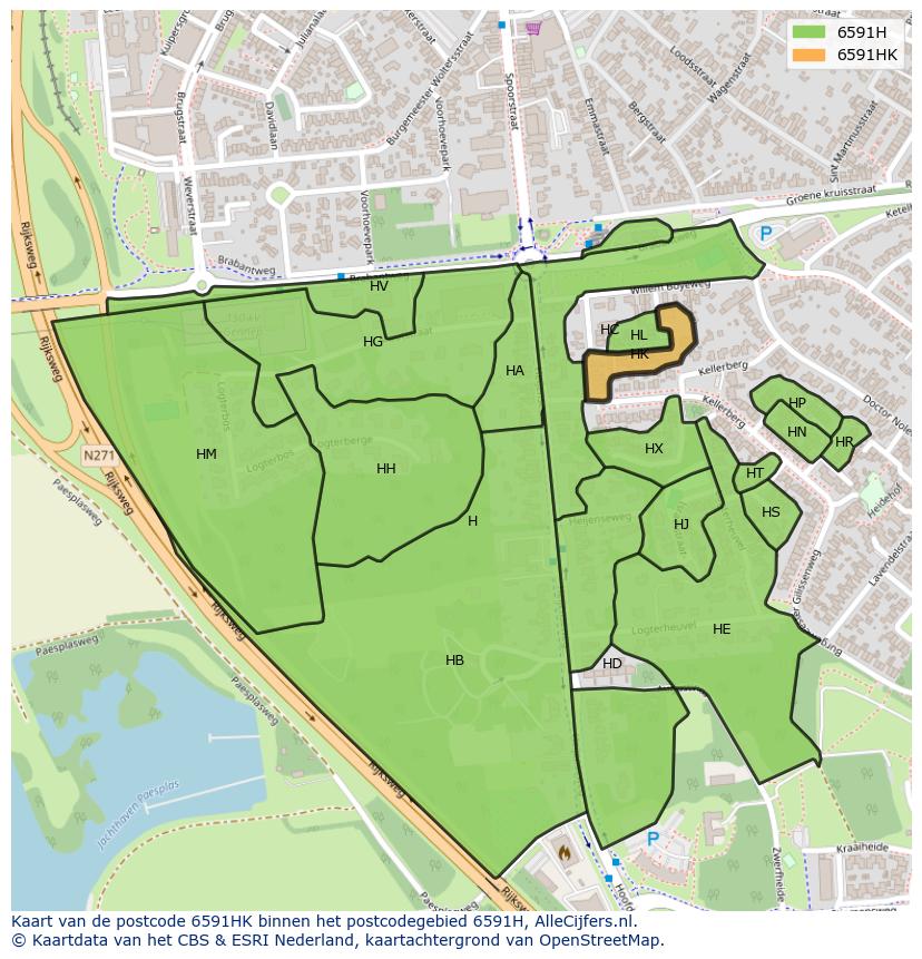 Afbeelding van het postcodegebied 6591 HK op de kaart.