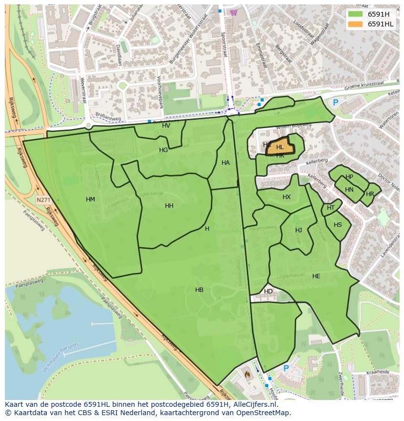 Afbeelding van het postcodegebied 6591 HL op de kaart.