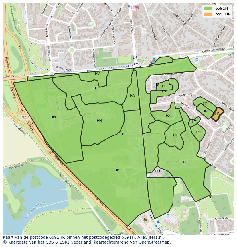 Afbeelding van het postcodegebied 6591 HR op de kaart.