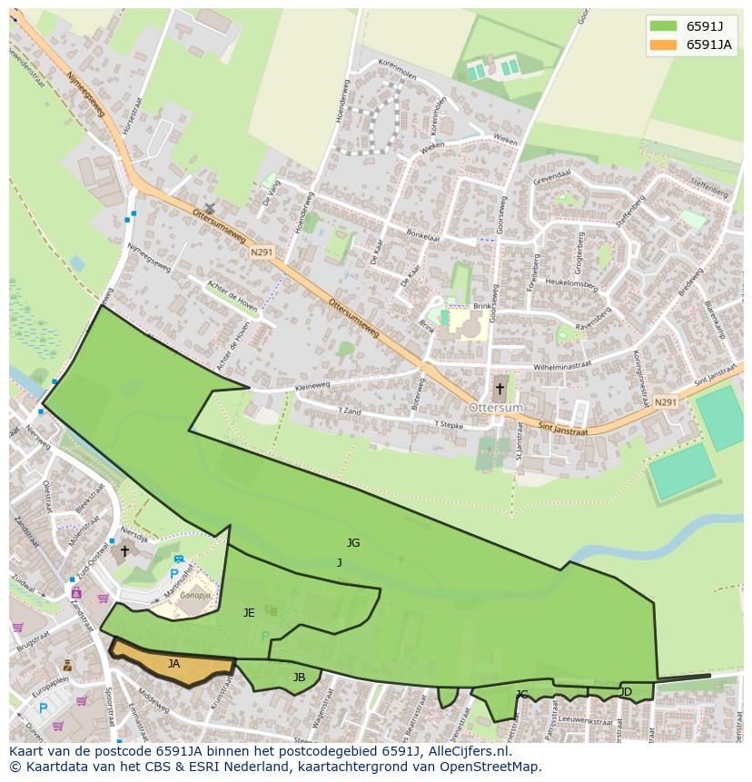 Afbeelding van het postcodegebied 6591 JA op de kaart.