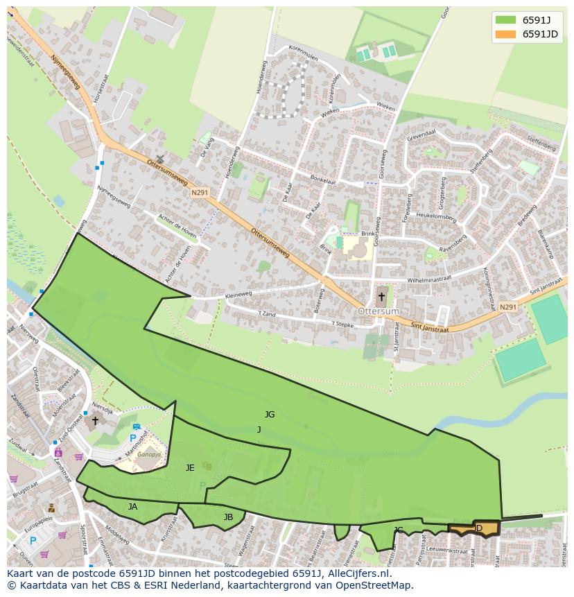 Afbeelding van het postcodegebied 6591 JD op de kaart.