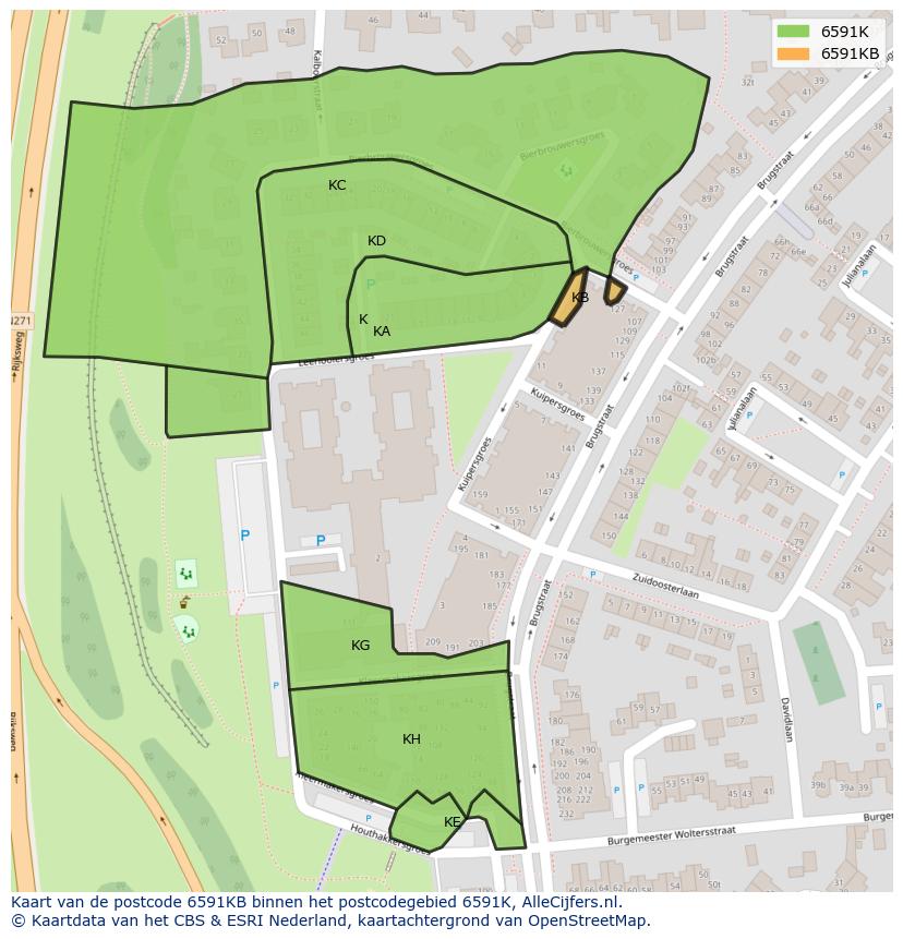 Afbeelding van het postcodegebied 6591 KB op de kaart.