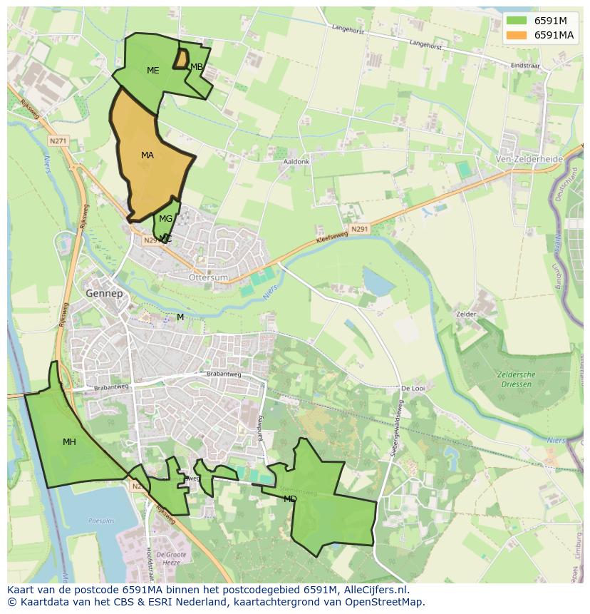 Afbeelding van het postcodegebied 6591 MA op de kaart.
