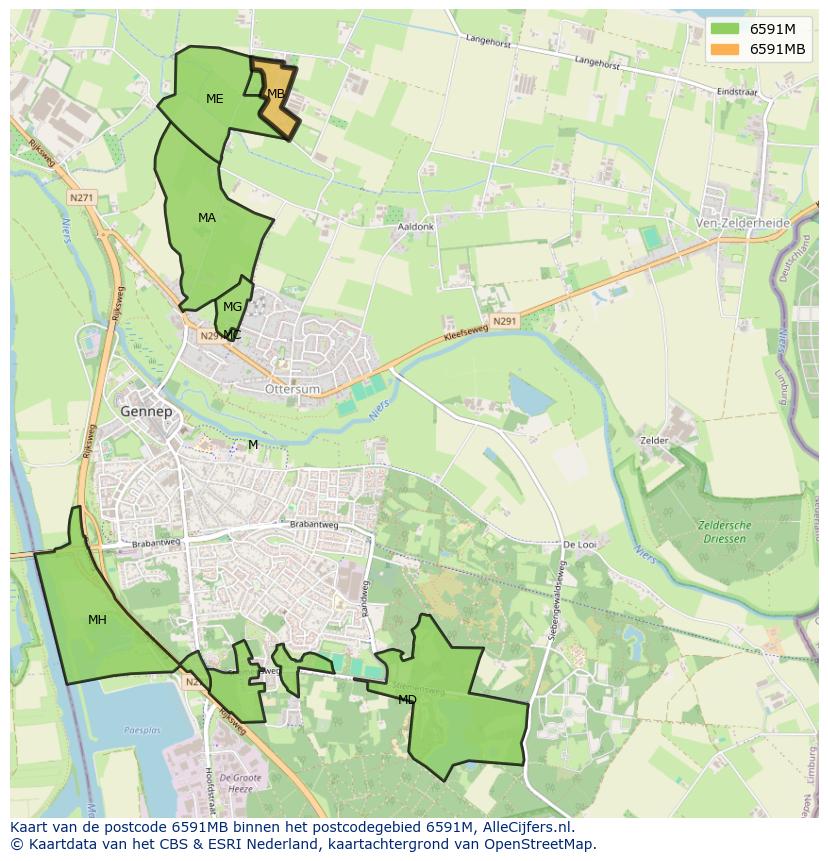 Afbeelding van het postcodegebied 6591 MB op de kaart.