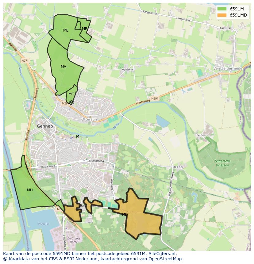 Afbeelding van het postcodegebied 6591 MD op de kaart.