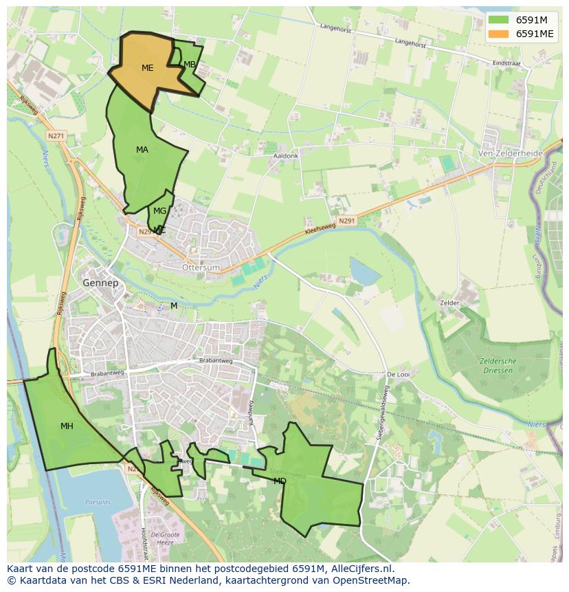 Afbeelding van het postcodegebied 6591 ME op de kaart.
