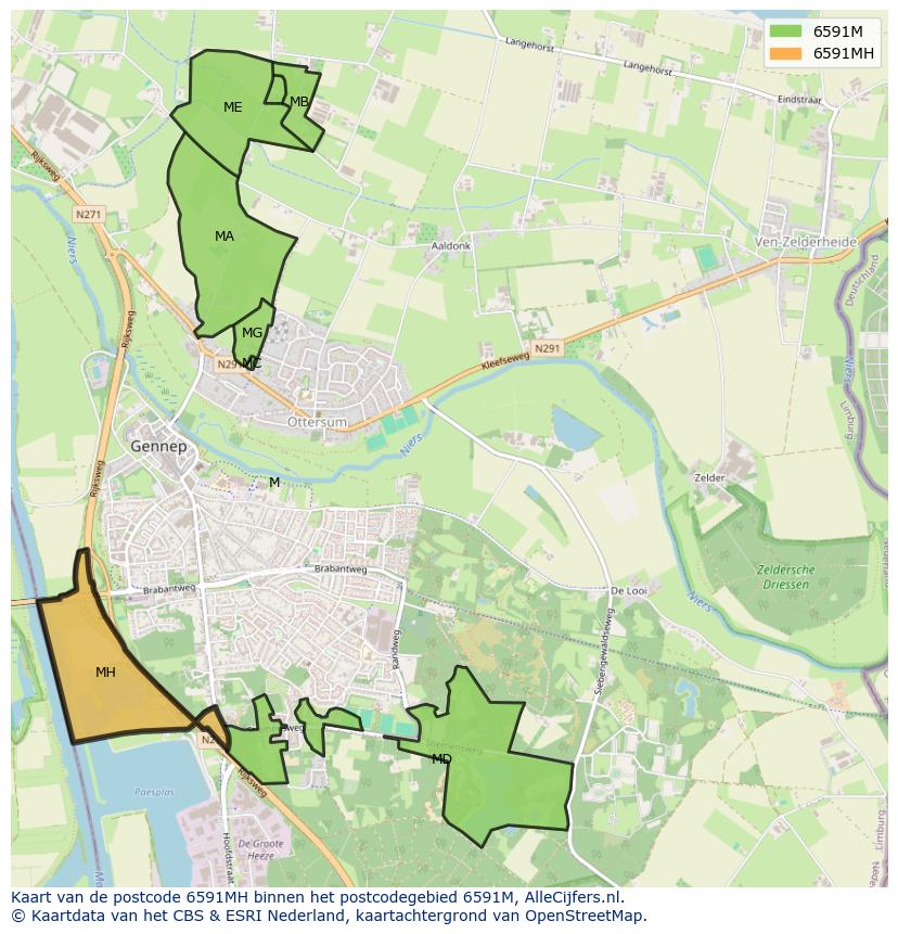 Afbeelding van het postcodegebied 6591 MH op de kaart.
