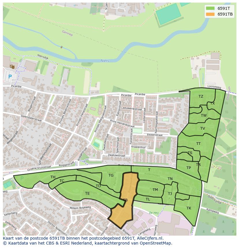 Afbeelding van het postcodegebied 6591 TB op de kaart.