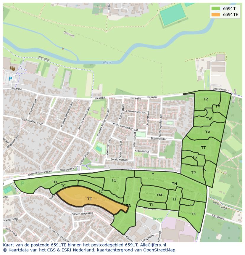 Afbeelding van het postcodegebied 6591 TE op de kaart.