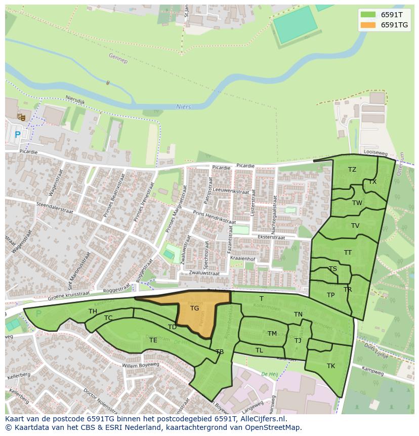 Afbeelding van het postcodegebied 6591 TG op de kaart.