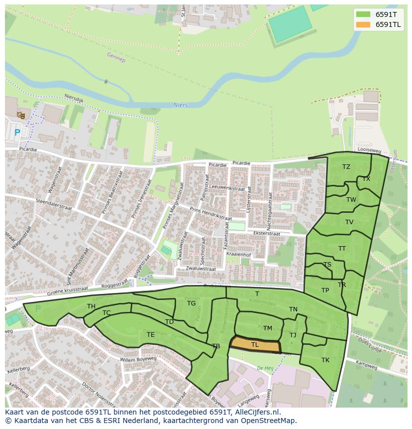 Afbeelding van het postcodegebied 6591 TL op de kaart.