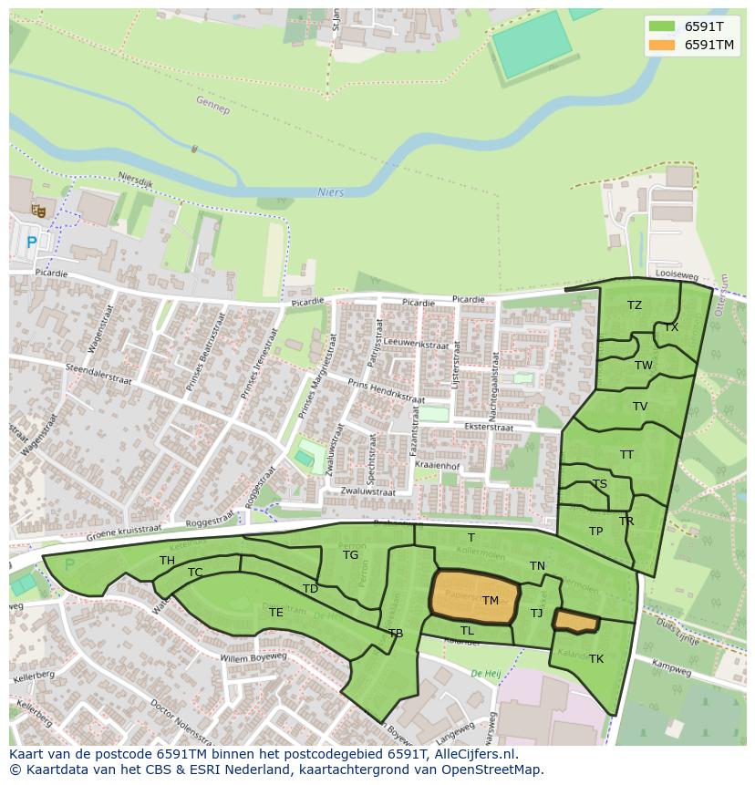 Afbeelding van het postcodegebied 6591 TM op de kaart.