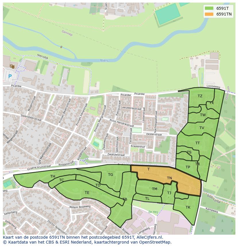 Afbeelding van het postcodegebied 6591 TN op de kaart.