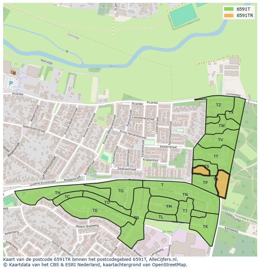 Afbeelding van het postcodegebied 6591 TR op de kaart.