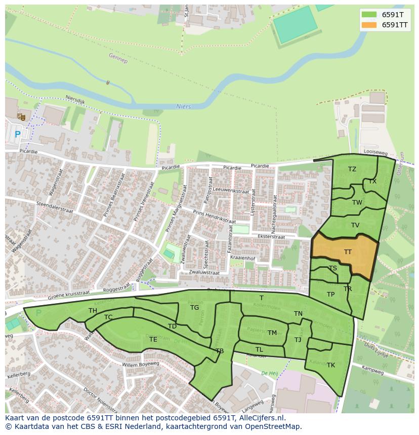 Afbeelding van het postcodegebied 6591 TT op de kaart.