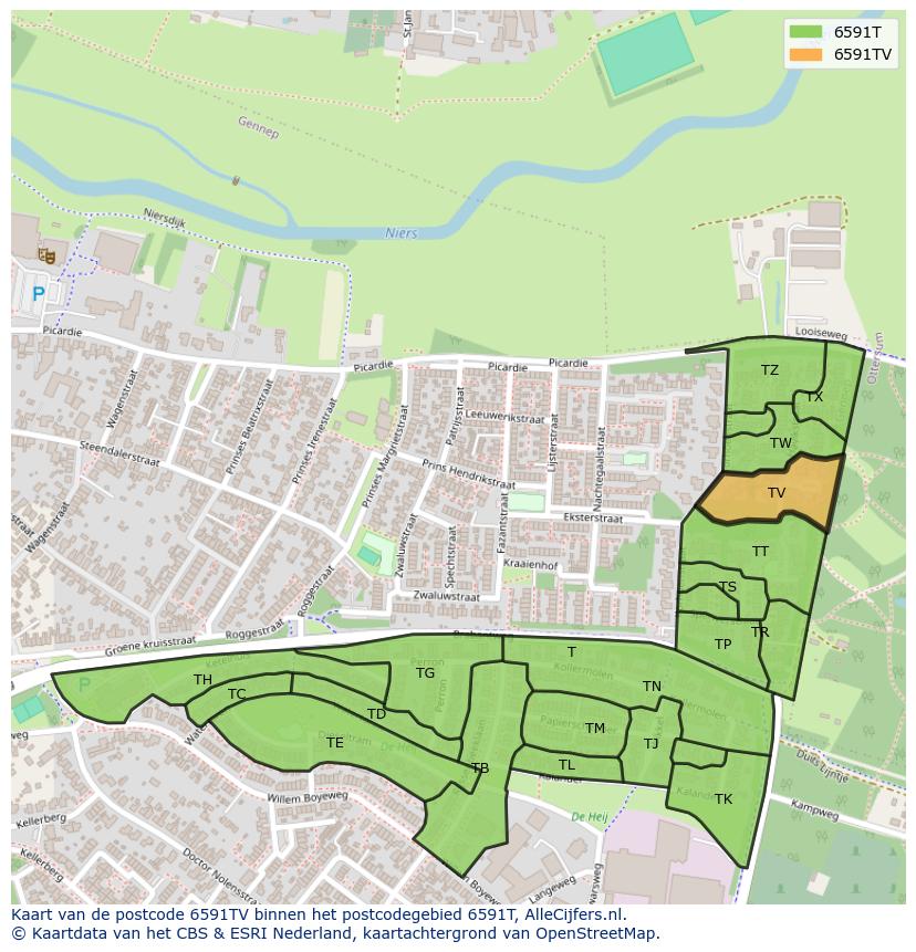 Afbeelding van het postcodegebied 6591 TV op de kaart.