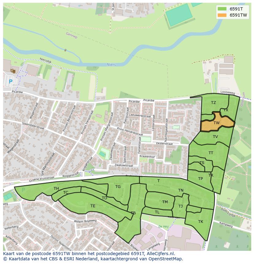 Afbeelding van het postcodegebied 6591 TW op de kaart.