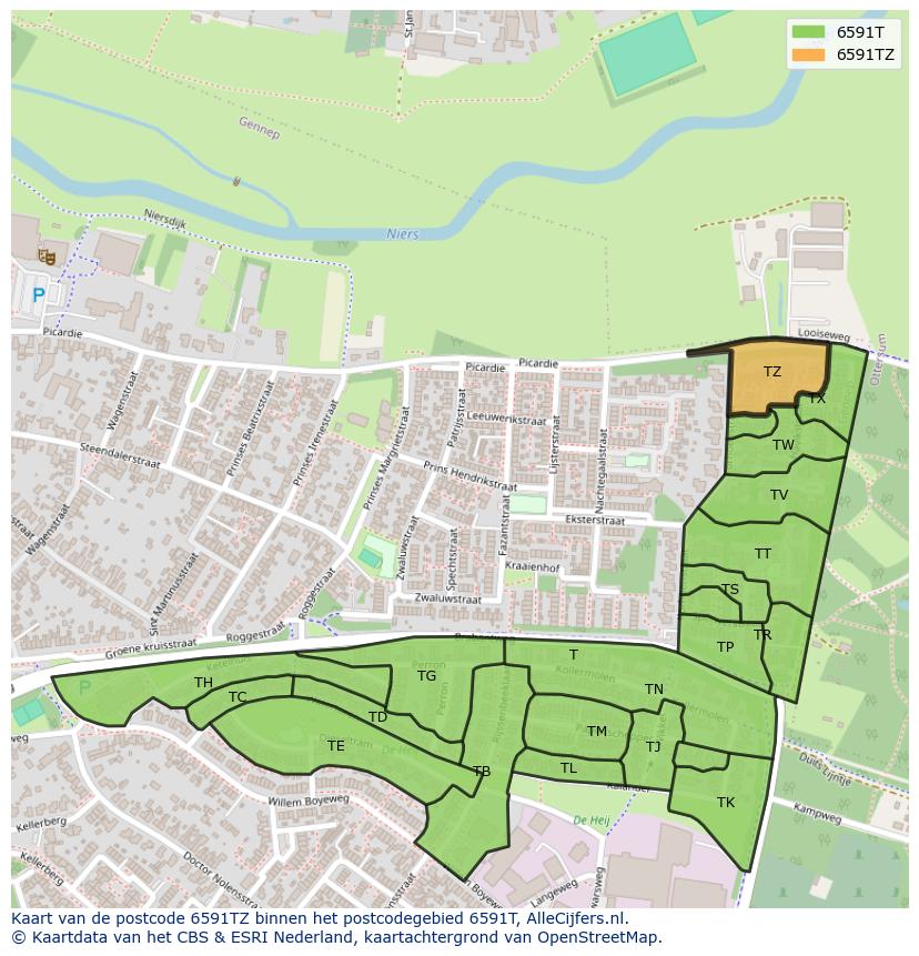 Afbeelding van het postcodegebied 6591 TZ op de kaart.
