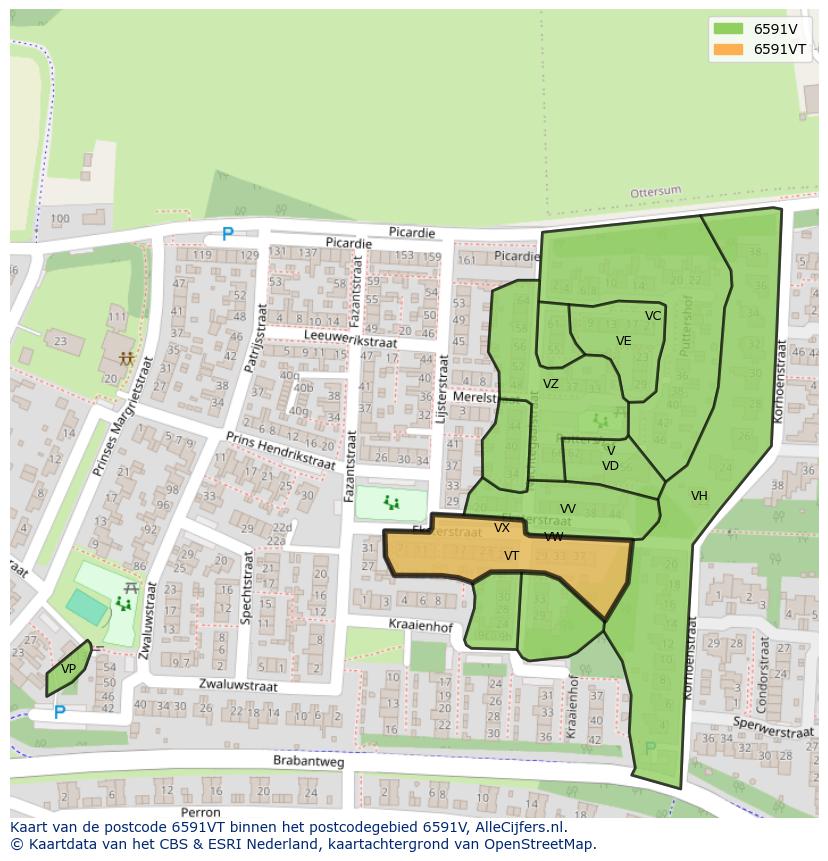 Afbeelding van het postcodegebied 6591 VT op de kaart.