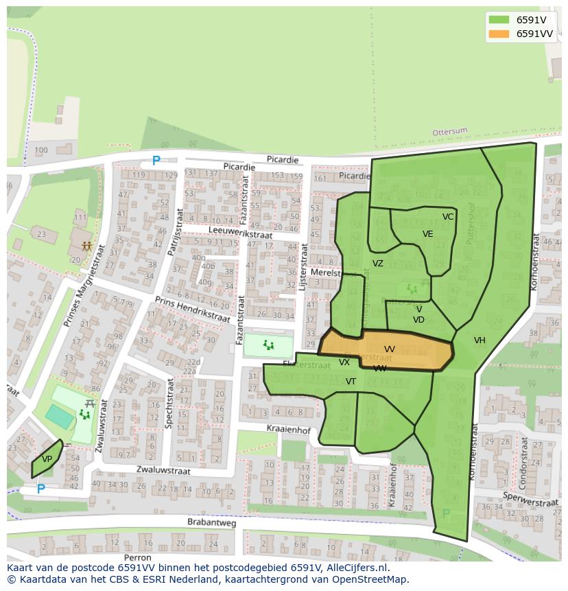 Afbeelding van het postcodegebied 6591 VV op de kaart.