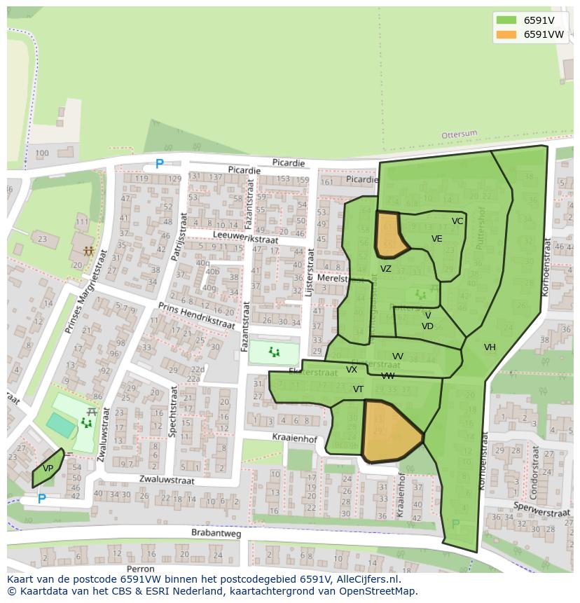 Afbeelding van het postcodegebied 6591 VW op de kaart.