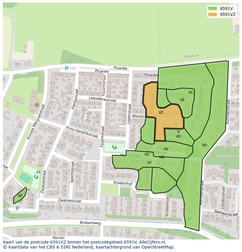 Afbeelding van het postcodegebied 6591 VZ op de kaart.