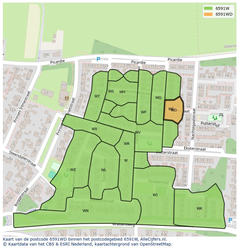 Afbeelding van het postcodegebied 6591 WD op de kaart.