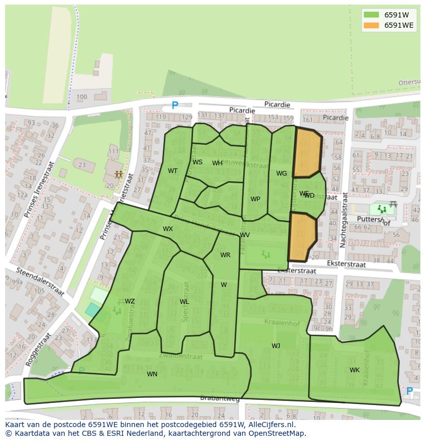 Afbeelding van het postcodegebied 6591 WE op de kaart.