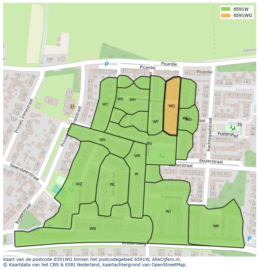 Afbeelding van het postcodegebied 6591 WG op de kaart.