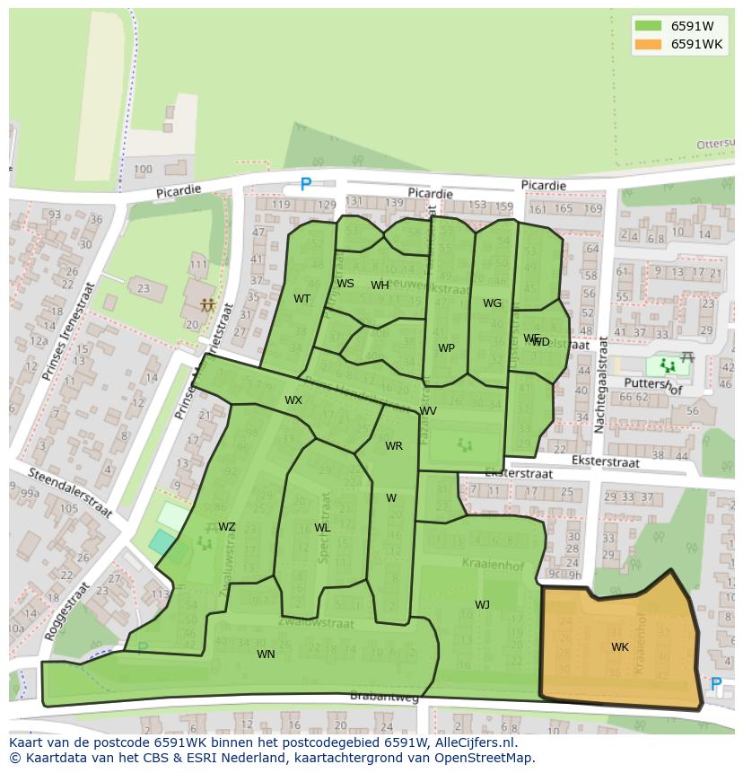 Afbeelding van het postcodegebied 6591 WK op de kaart.