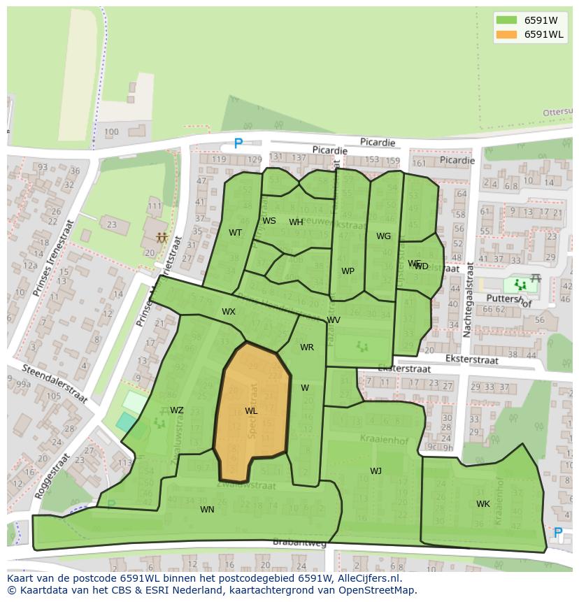 Afbeelding van het postcodegebied 6591 WL op de kaart.