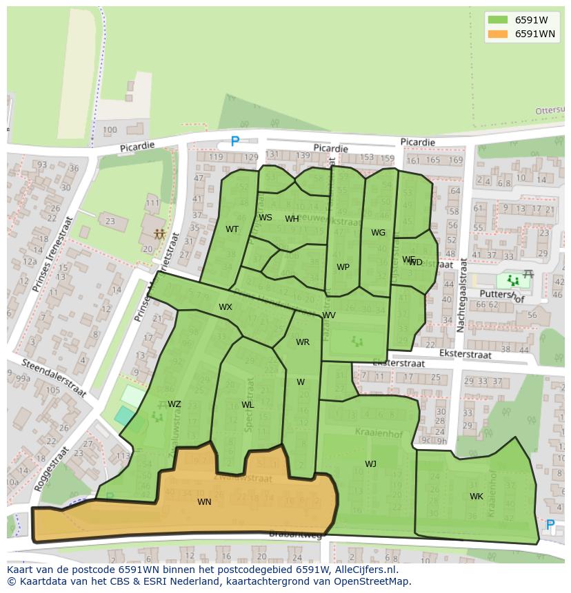 Afbeelding van het postcodegebied 6591 WN op de kaart.
