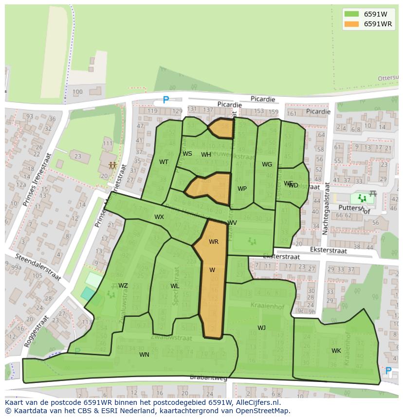 Afbeelding van het postcodegebied 6591 WR op de kaart.