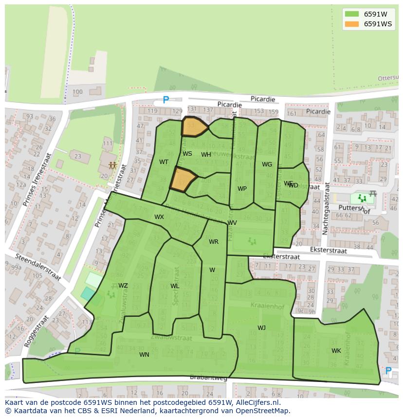 Afbeelding van het postcodegebied 6591 WS op de kaart.