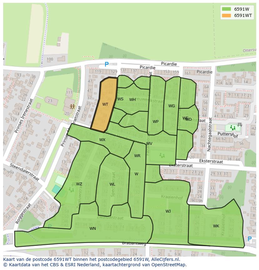 Afbeelding van het postcodegebied 6591 WT op de kaart.