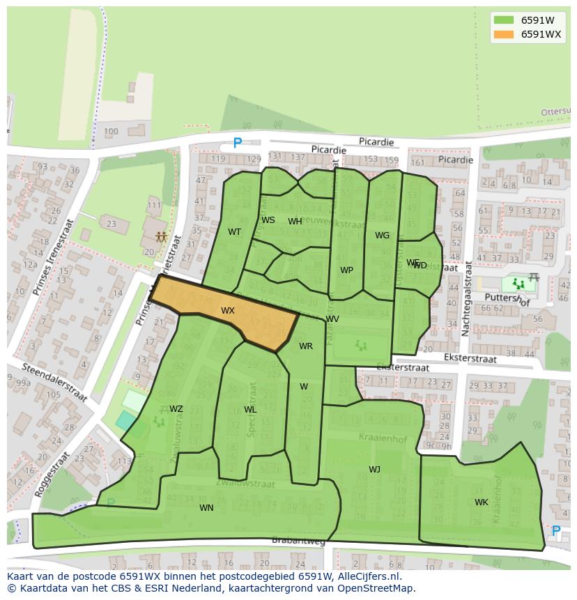 Afbeelding van het postcodegebied 6591 WX op de kaart.