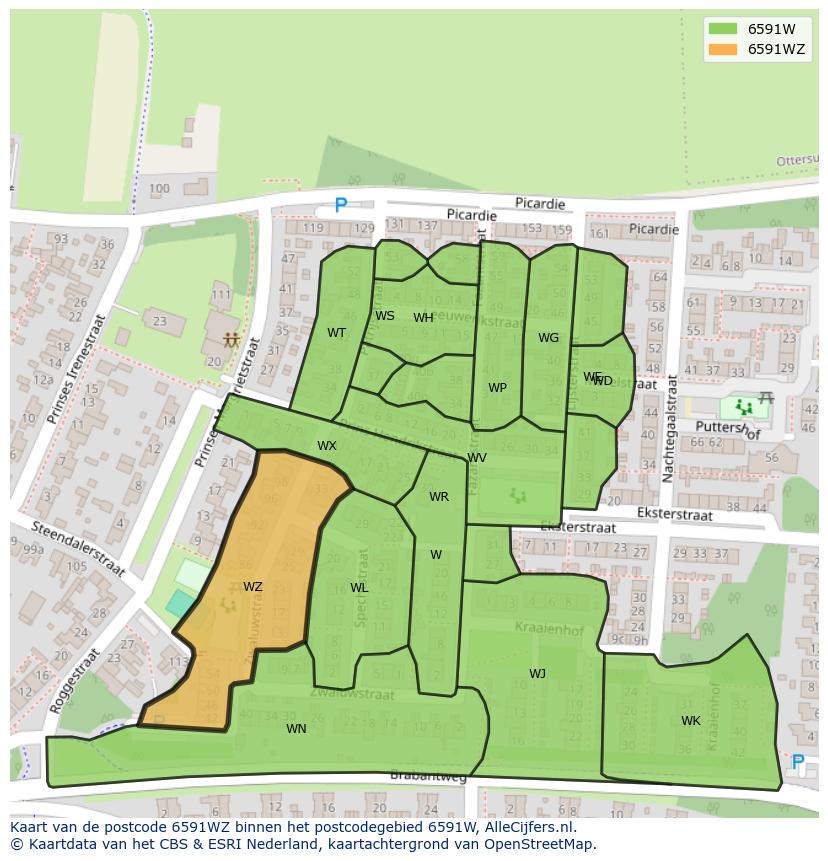 Afbeelding van het postcodegebied 6591 WZ op de kaart.